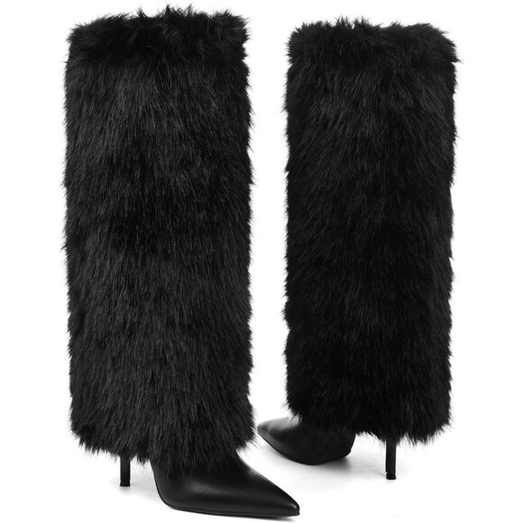 Women's A-Black Suede Fur Knee High Heels Wide Calf Fold Fashion Boots Shoes - Picture 3 of 7